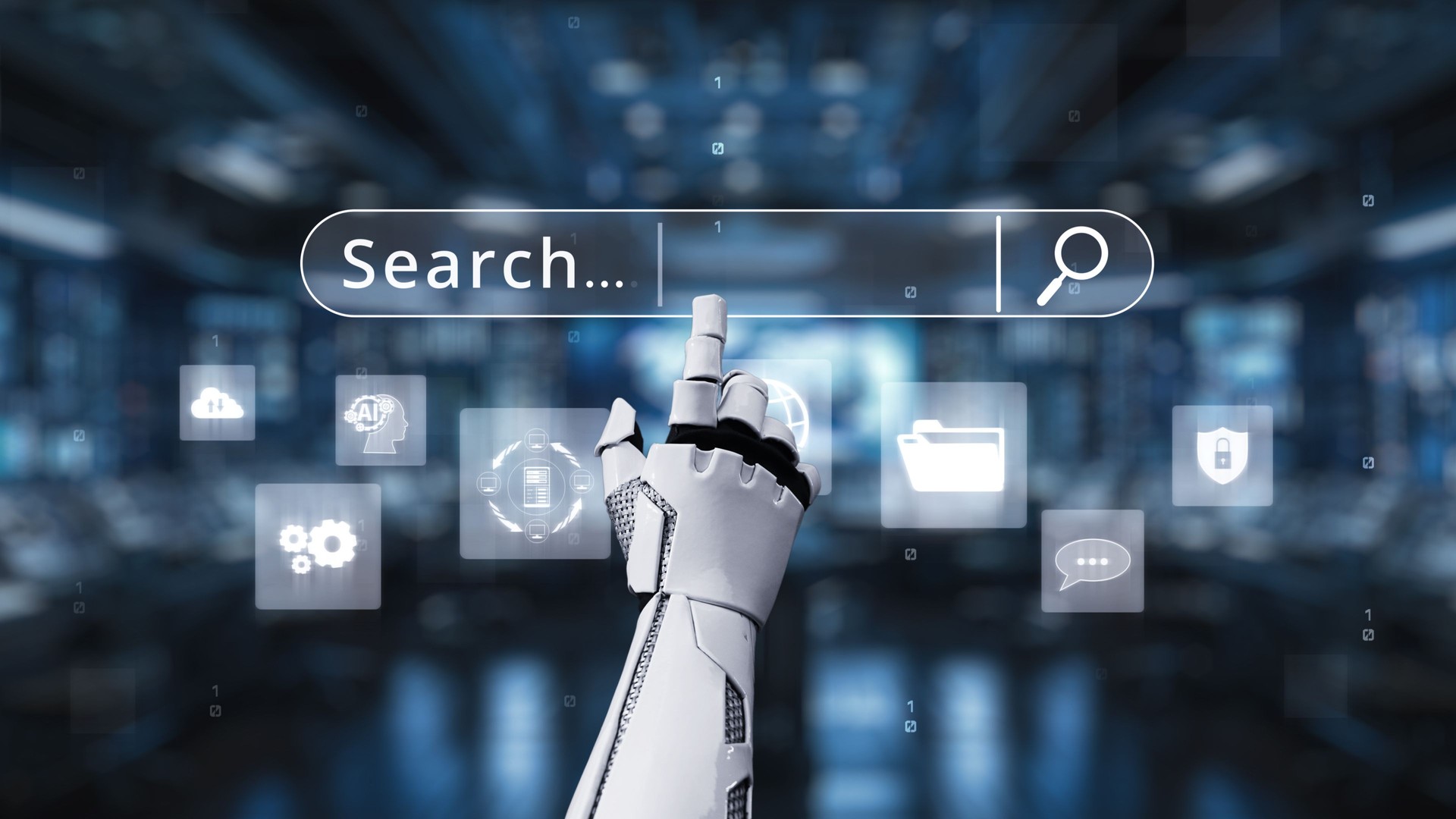 Futuristic Robot Hand Interacting with Virtual Search Bar Surrounded by Digital Icons and Data in High-Tech Environment. 