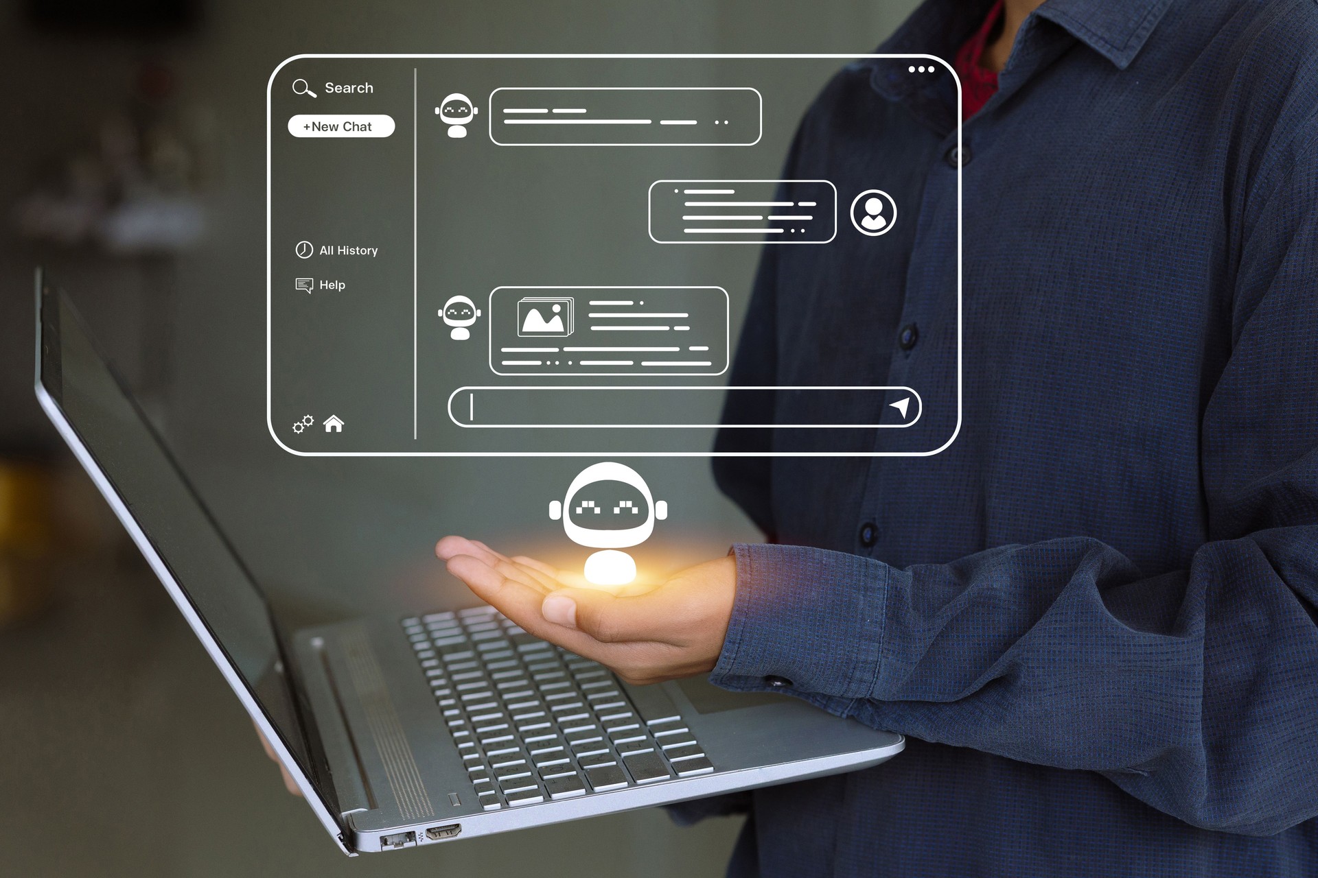 A person holding a laptop with an AI chatbot and conversation
