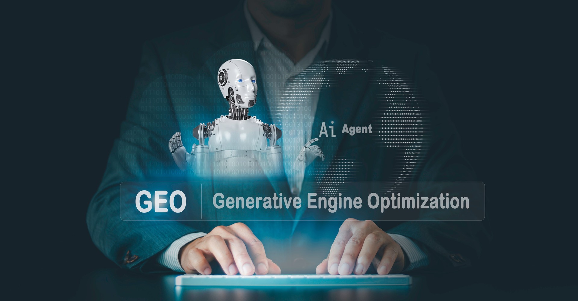 GEO generative engine optimization concept. Businessmen use agentic Ai, icons on websites to rank search engines, Search with assistants Artificial Intelligence data technology from internet network