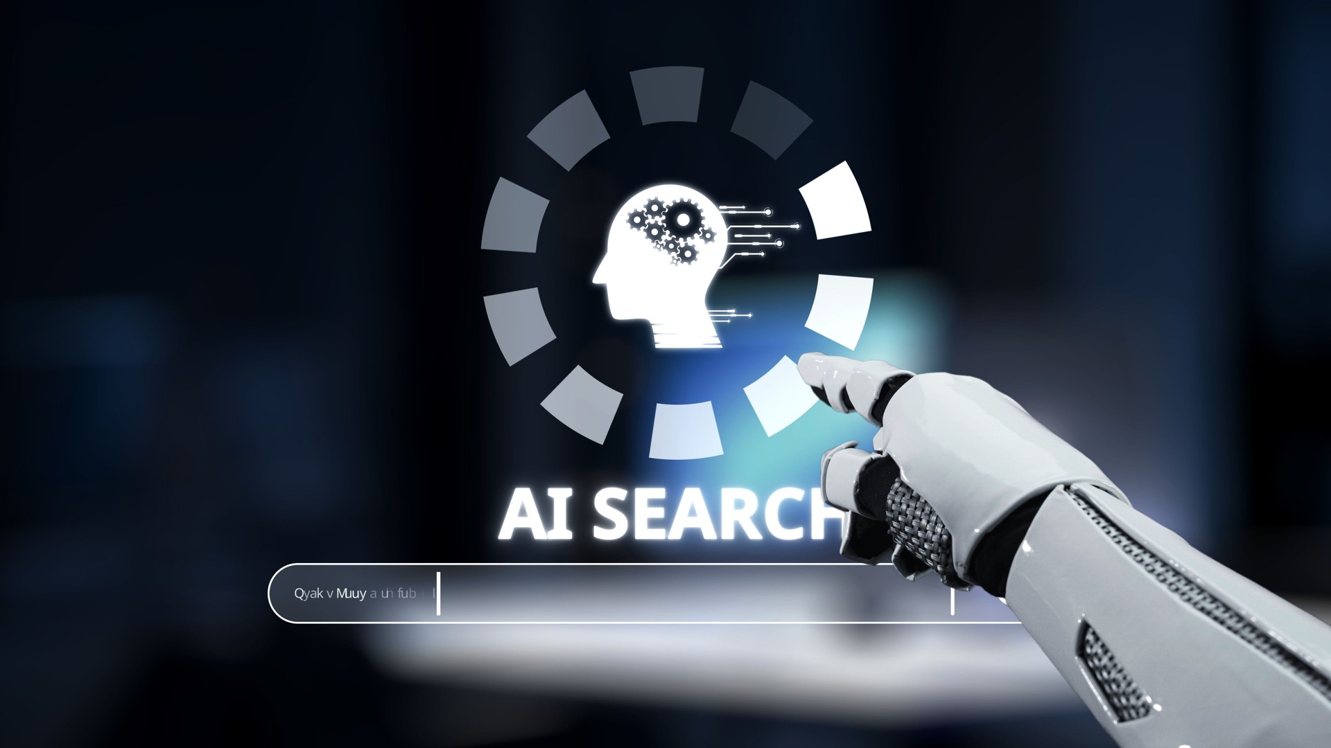Futuristic robotic hand interacting with AI search interface in digital workspace, showcasing technology and innovation in artificial intelligence applications Synapse