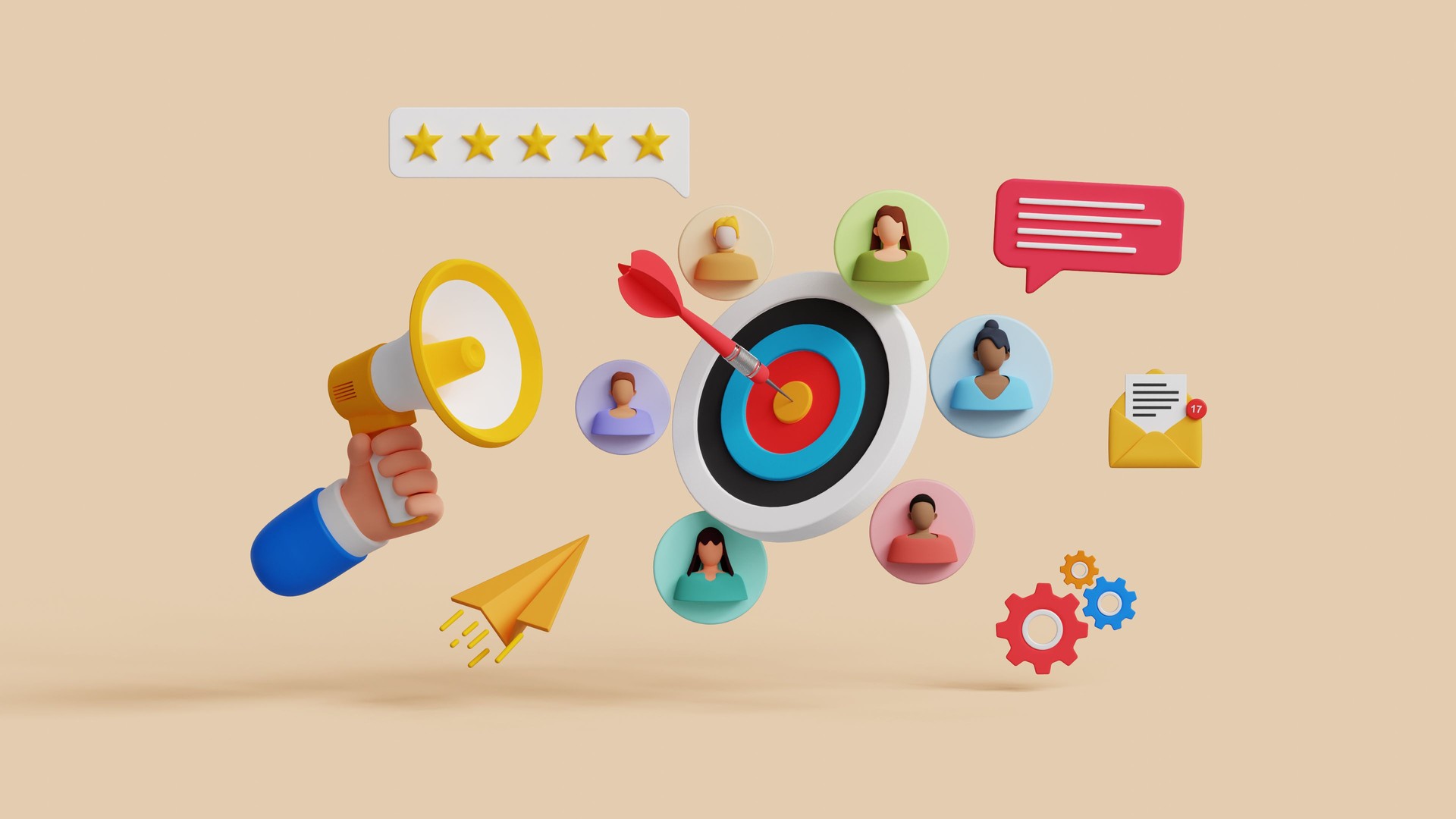 Target audience, targeted marketing strategies, buyer persona, advertising campaign. CRM, Customer relationship management concept. Valued customer feedback. 3D illustration