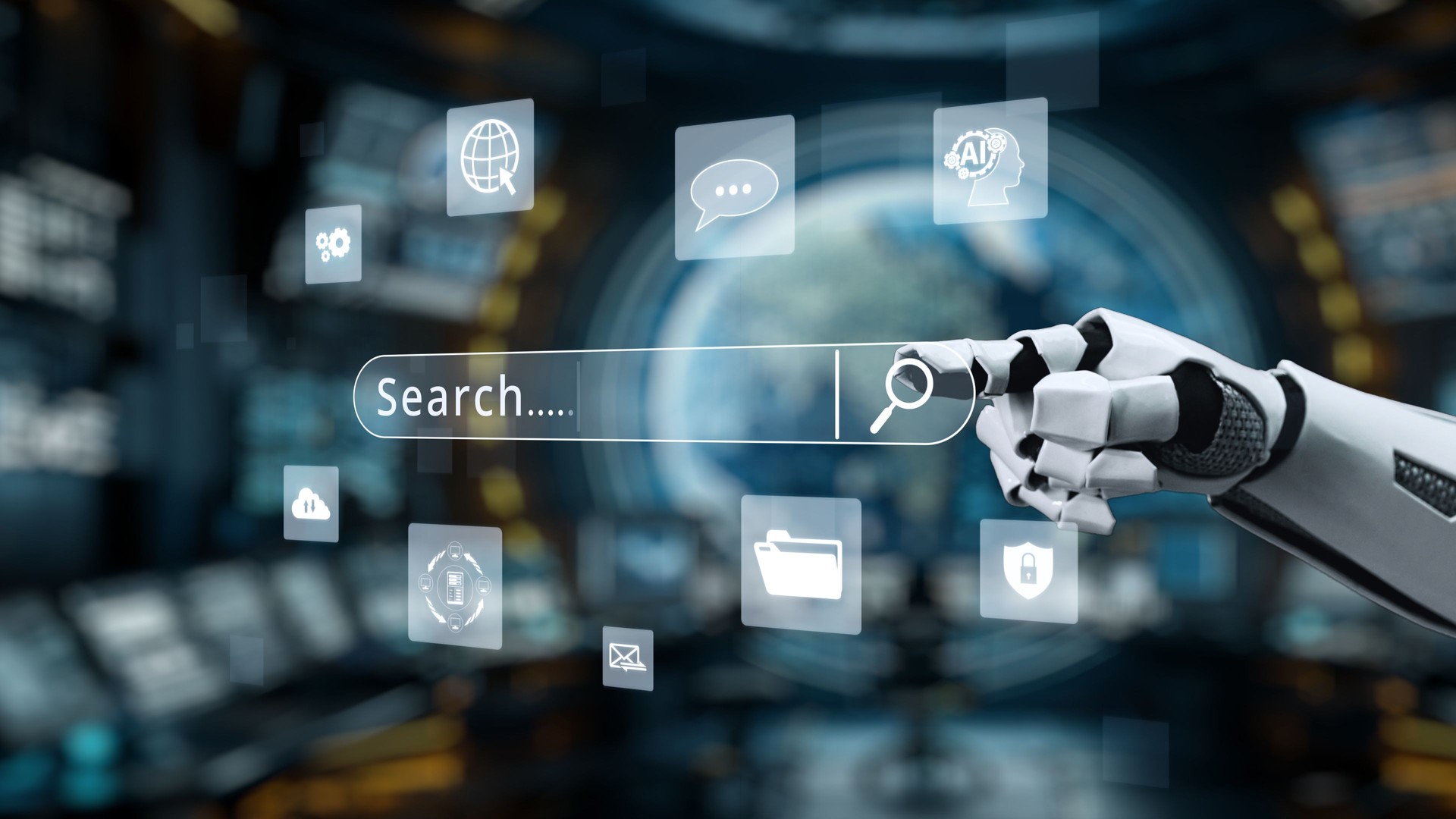 Futuristic robotic hand reaching towards a search bar surrounded by digital icons depicting communication, technology, AI, and data management in a modern workspace. Auvana