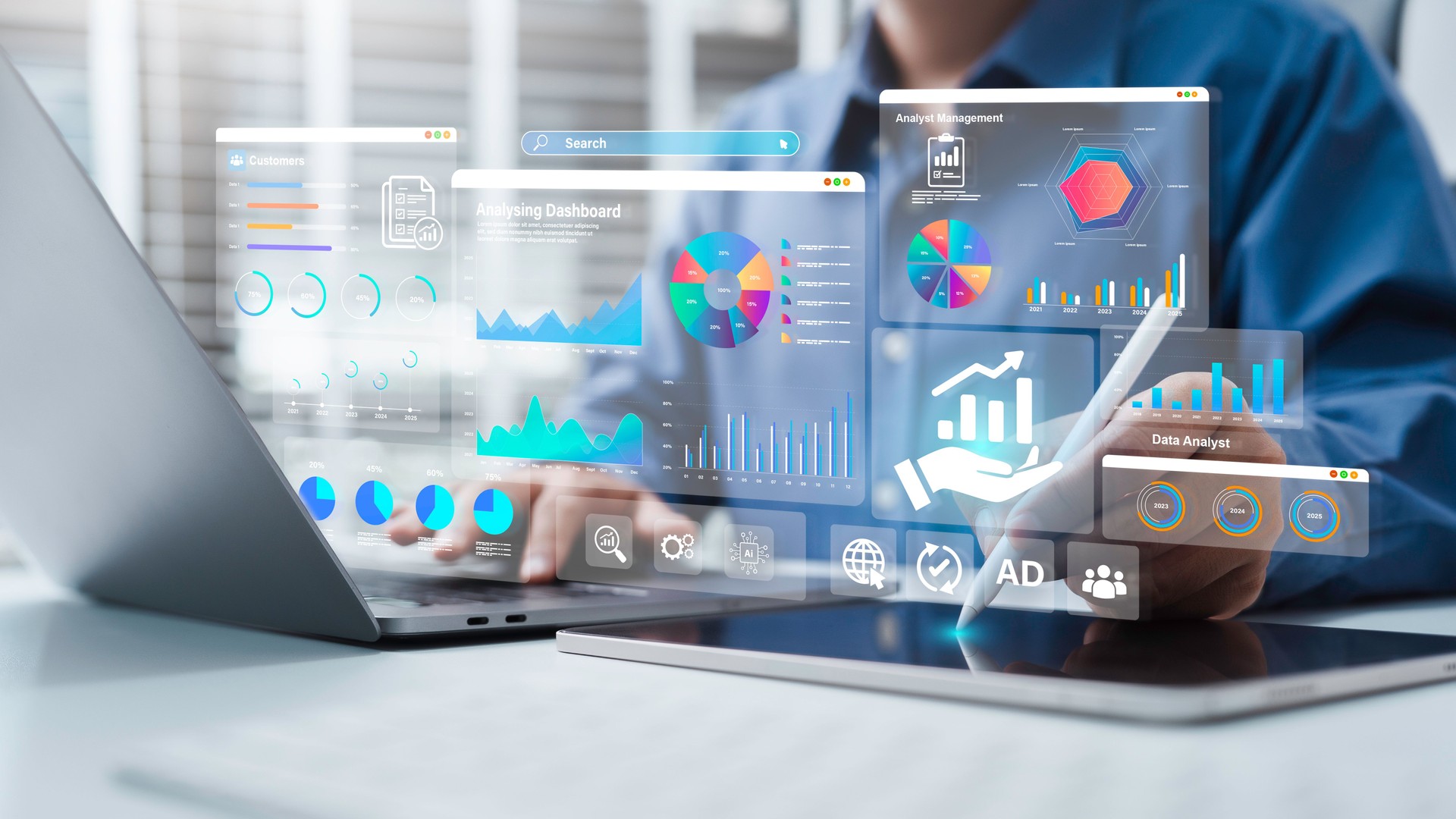 An analyst uses a computer and dashboard for data business analysis and Data Management System, Customers database, gather information to report. Data science technology and digital marketing