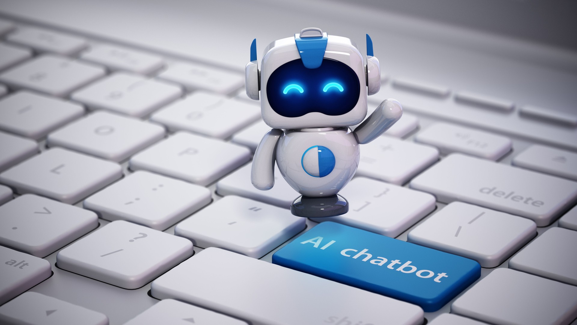 Cartoon AI chatbot robot floating on computer keyboard key with AI chatbot text. AI chatbot concept