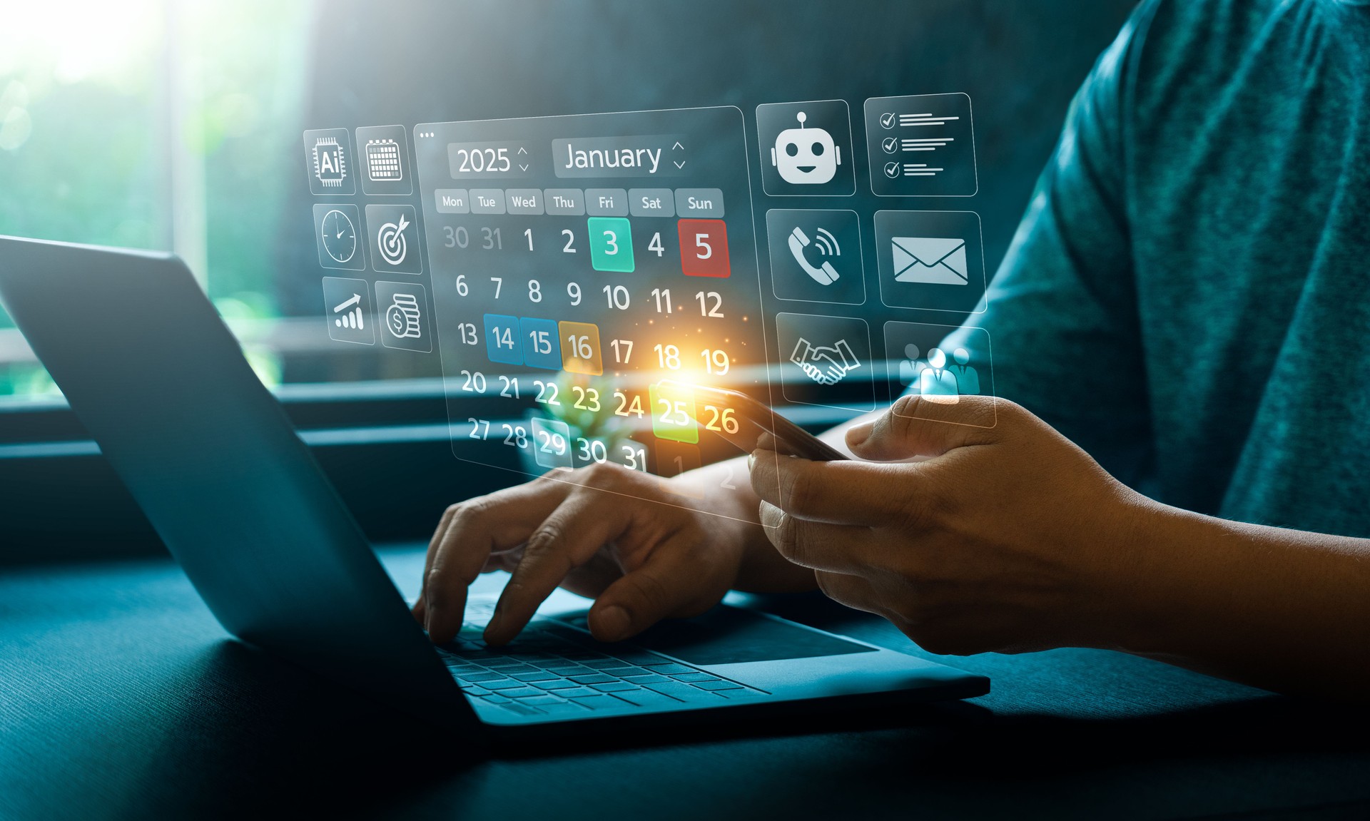Digital calendar planning assistant powered by artificial intelligence, showing futuristic scheduling interface with task icons, chatbot symbol, and glowing notifications on smart device screen