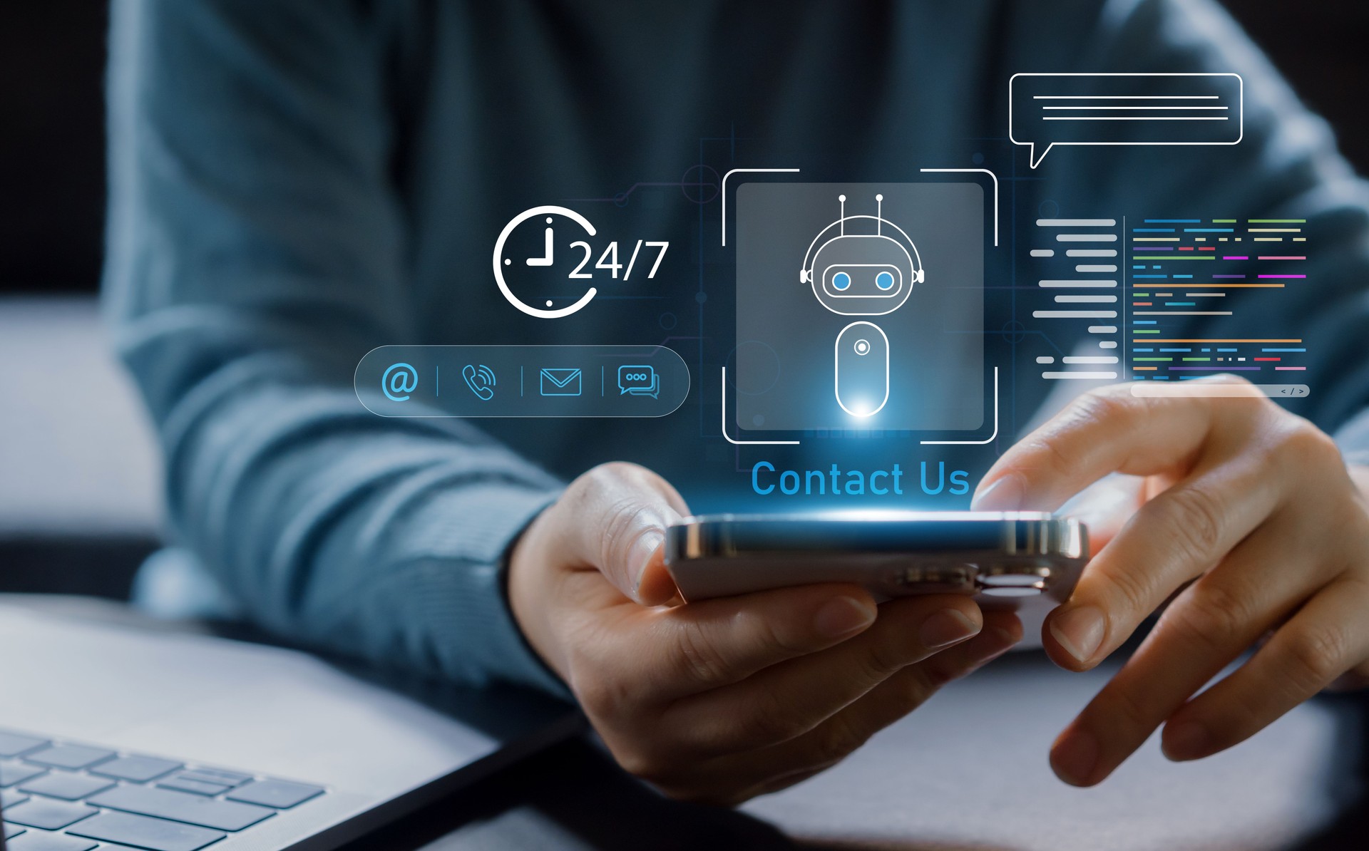 Customer with chatbot AI support service with 24/7, virtual assistant, artificial intelligence, online communication, digital customer service automation, online help customer care system, contact us